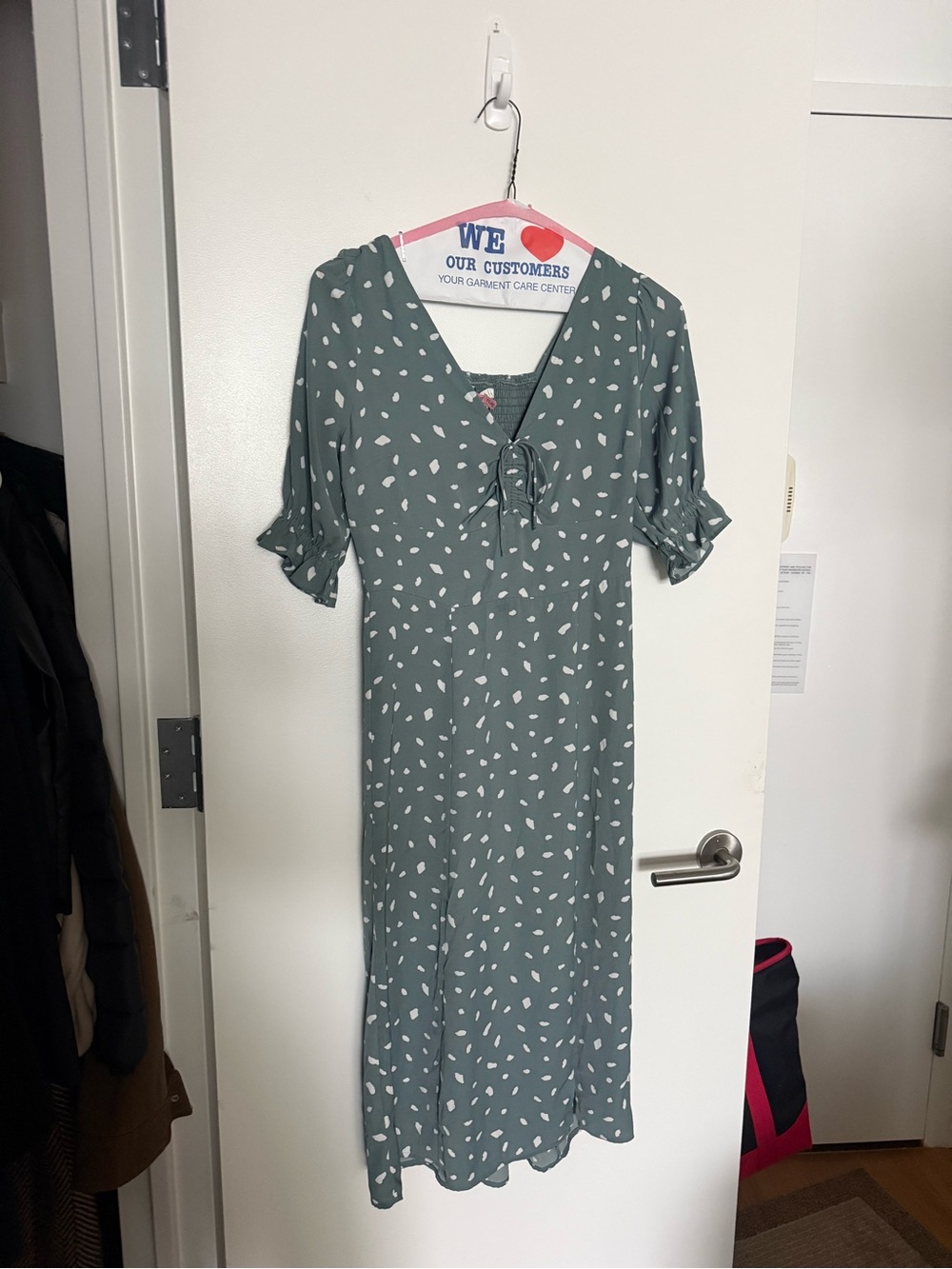 Abercrombie & Fitch Sage Green Dot Tie-Front Midi Dress